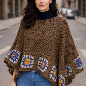 Brown Crochet Poncho with Colorful Floral Motifs